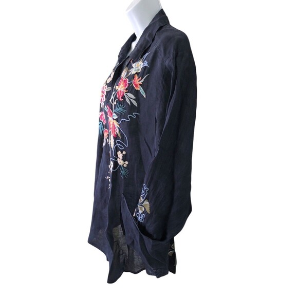 JOHNNY WAS Floral Embroidered Navy Tunic Shirt Top Boho Chic Size Large - Picture 2 of 12